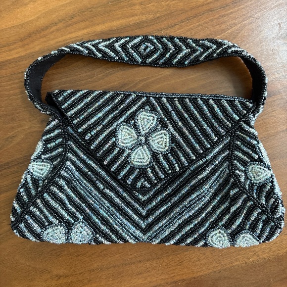 S. Malhan Vintage Hand-Beaded Evening Bag | Black & Silver Art Deco Style - Picture 2 of 5
